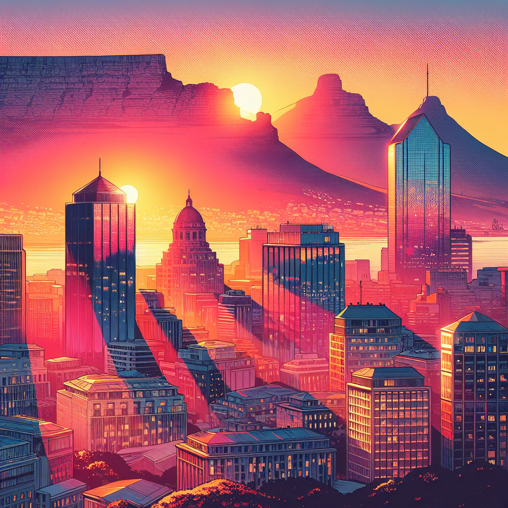Vibrant Cape Town skyline at sunset with Table Mountain in the background.