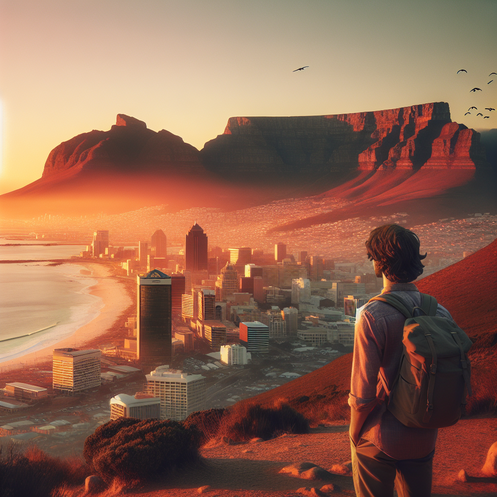 Fotorealistisk bilde av Table Mountain i solnedgang med en reisende i forgrunnen som ser mot byen, innslag av kystlinje og byliv, varm fargetone