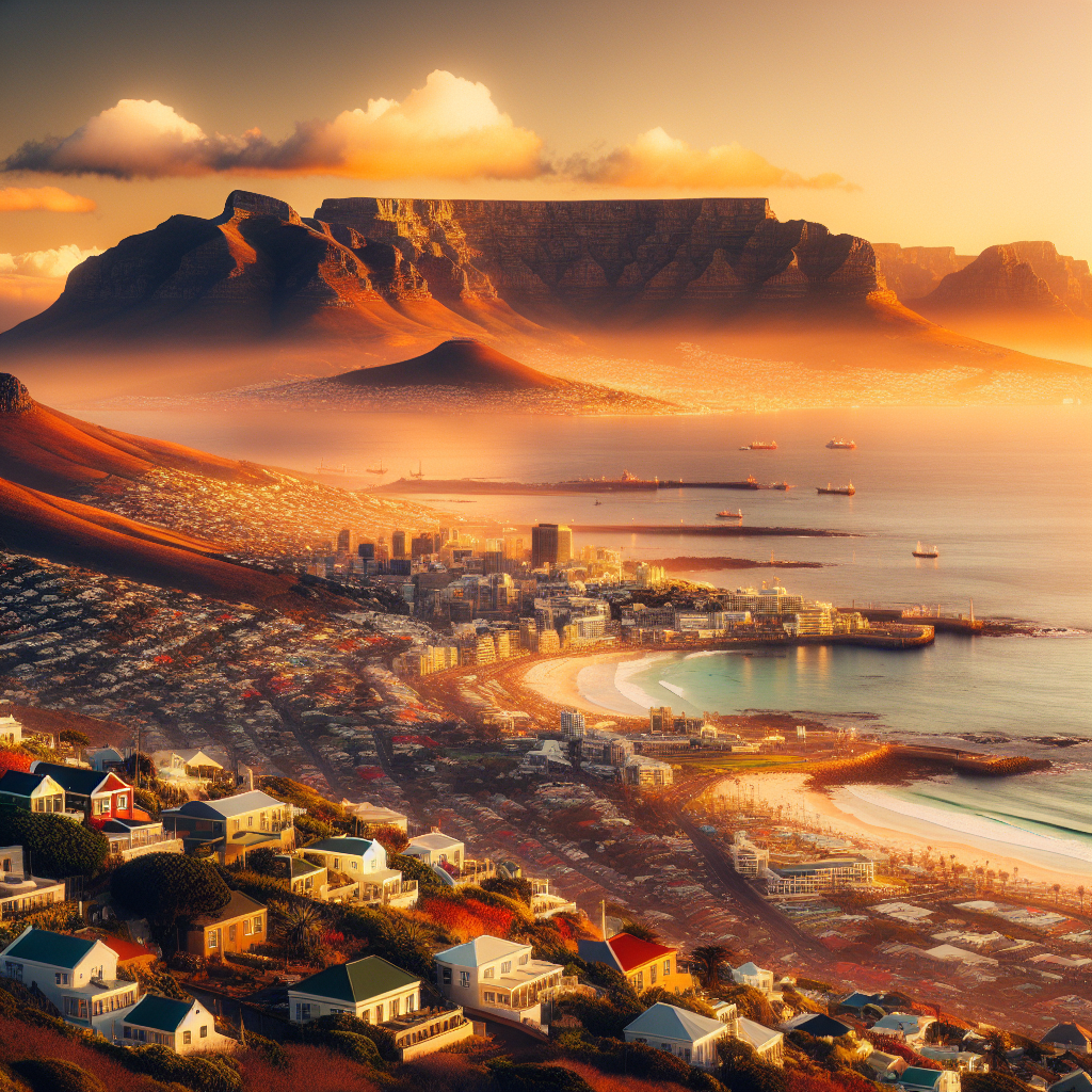 Panoramabilde av Cape Towns kyst med Table Mountain i bakgrunnen, fargerike nabolag og vinranker i forgrunnen, varmt gyllent lys