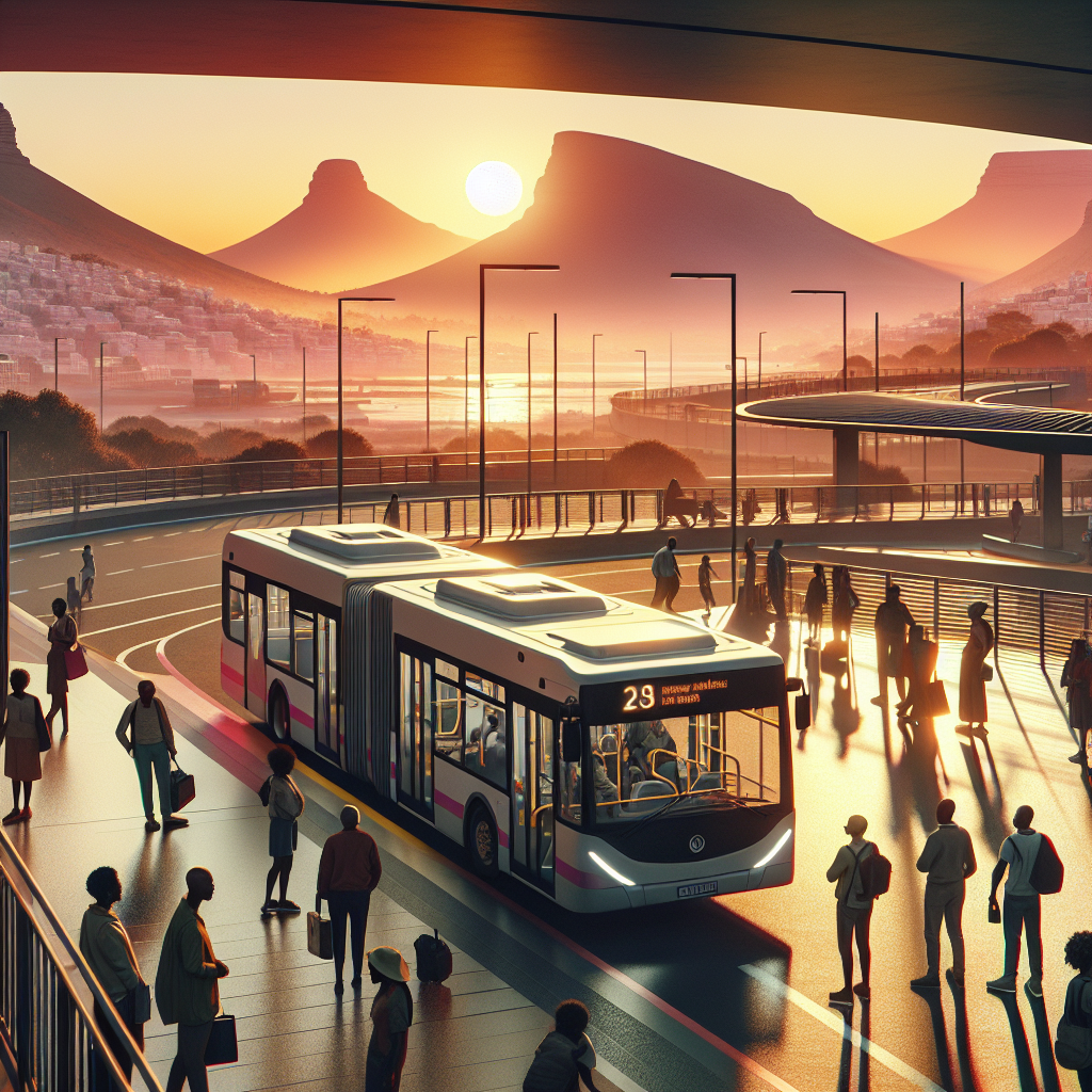 Oversiktsbilde av Cape Towns offentlige transport: moderne MyCiTi-buss ved stasjon ved solnedgang, passasjerer som venter, byens silhuett og Table Mountain i bakgrunnen