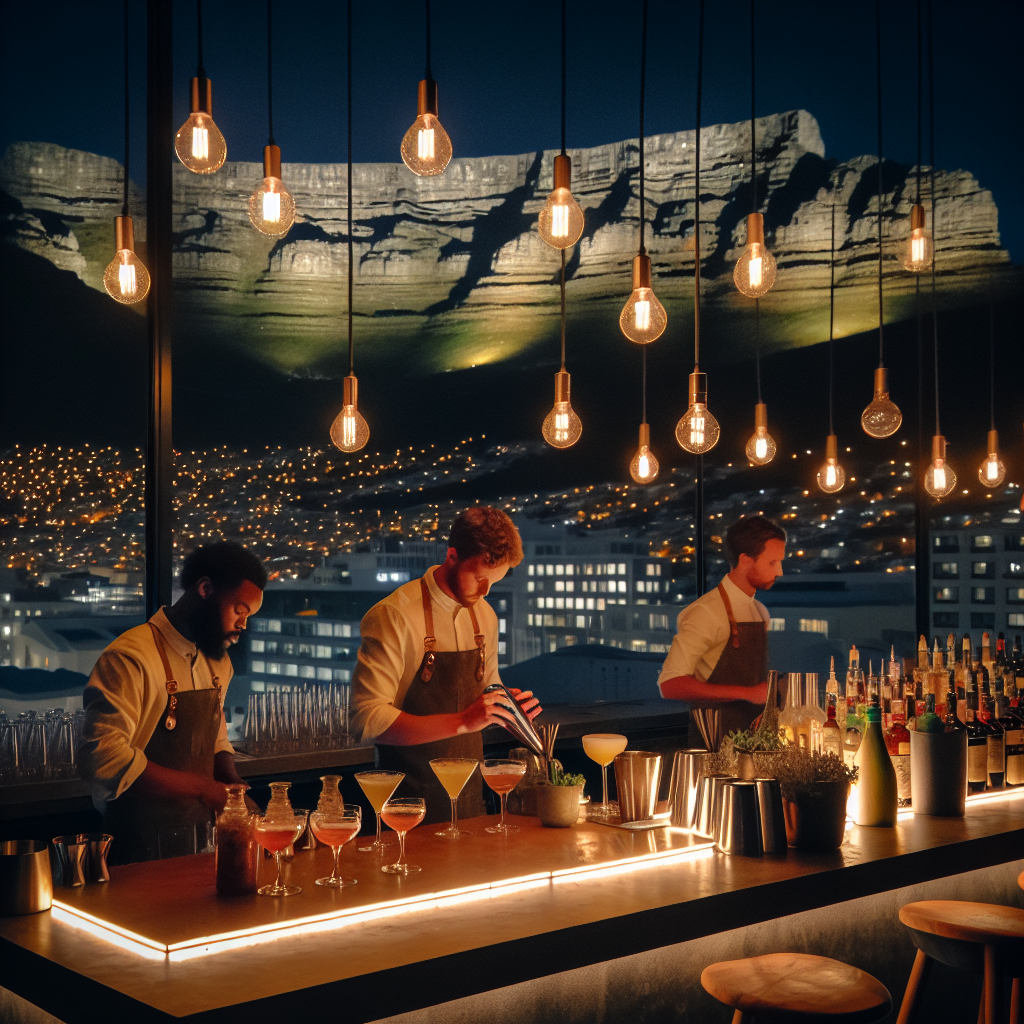 Stemningsfull nattscene i Cape Town: en moderne cocktailbar med varme lys, bartendere som mikser drinker med lokale ingredienser og utsikt mot Taffelberget i bakgrunnen