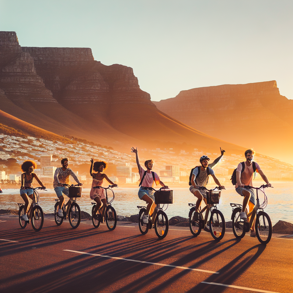 Syklister på kystpromenade i Cape Town ved solnedgang, Table Mountain i bakgrunnen, e-sykler og glade reisende, bærekraftig reise-stemning