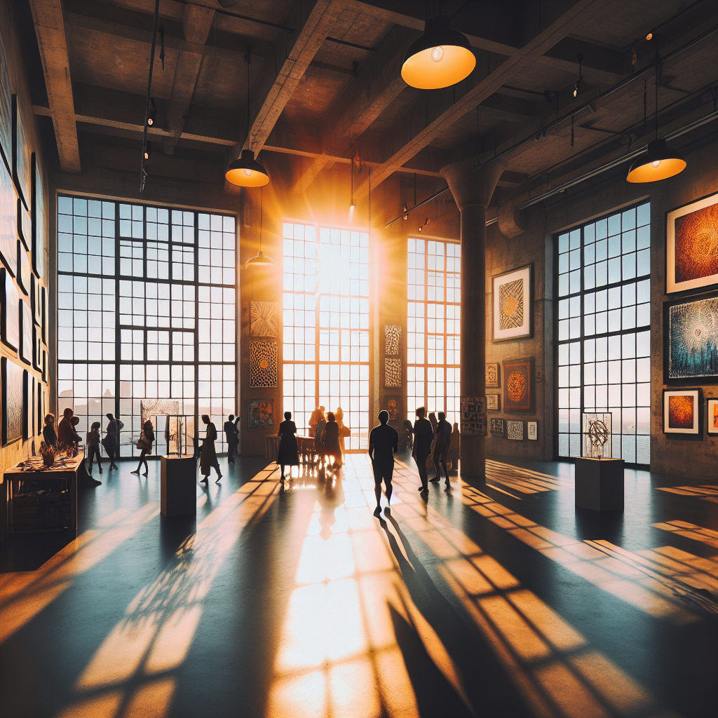 Bredt bilde av et moderne kunstgalleri i Cape Town, sollys gjennom store vinduer, lokale verk på veggene, besøkeresilhuetter, varm og innbydende atmosfære