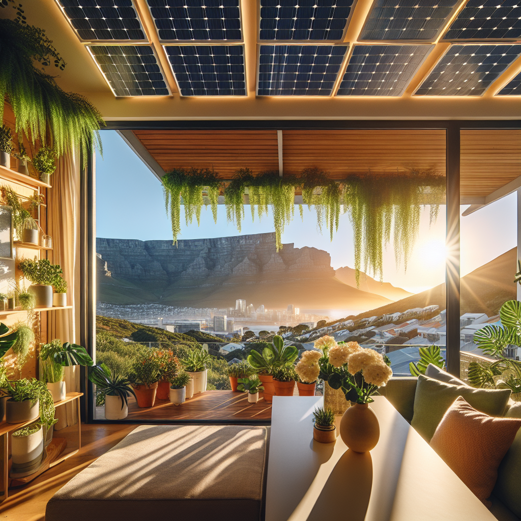 Lys, moderne Cape Town-leilighet med grønne planter og solcellepaneler på taket, utsikt mot Taffelberget i varm, naturlig belysning