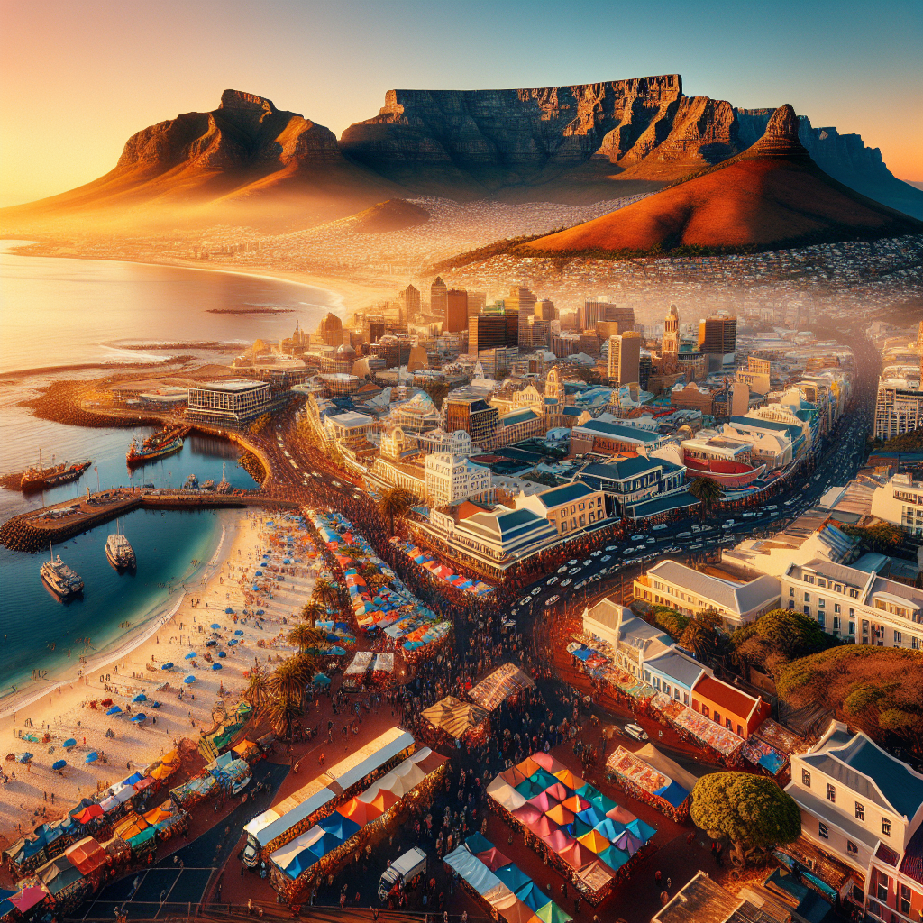 Panoramabilde av Cape Town med Taffelberget, kystlinje, fargerike markeder og turister i gyllent morgenlys