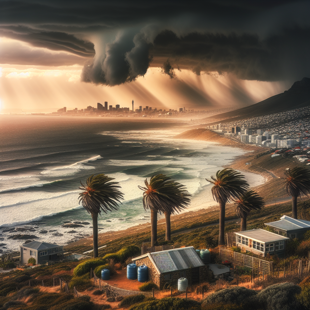 Oversiktsbilde av Cape Town-kysten ved skiftende vær: dramatisk himmel, by i bakgrunnen, vindfulle palmer, solskinn som bryter gjennom skyer, bærekraftige hjem og regnvannstønner synlige