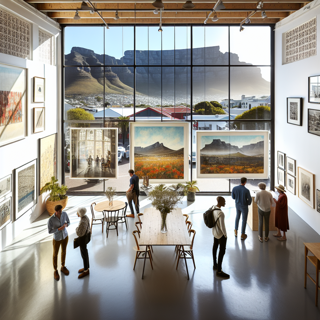 Oversiktsbilde av et lyst, moderne kunstgalleri i Cape Town med lokale verk på veggene, besøkende som snakker og Table Mountain i bakgrunnen gjennom et vindu