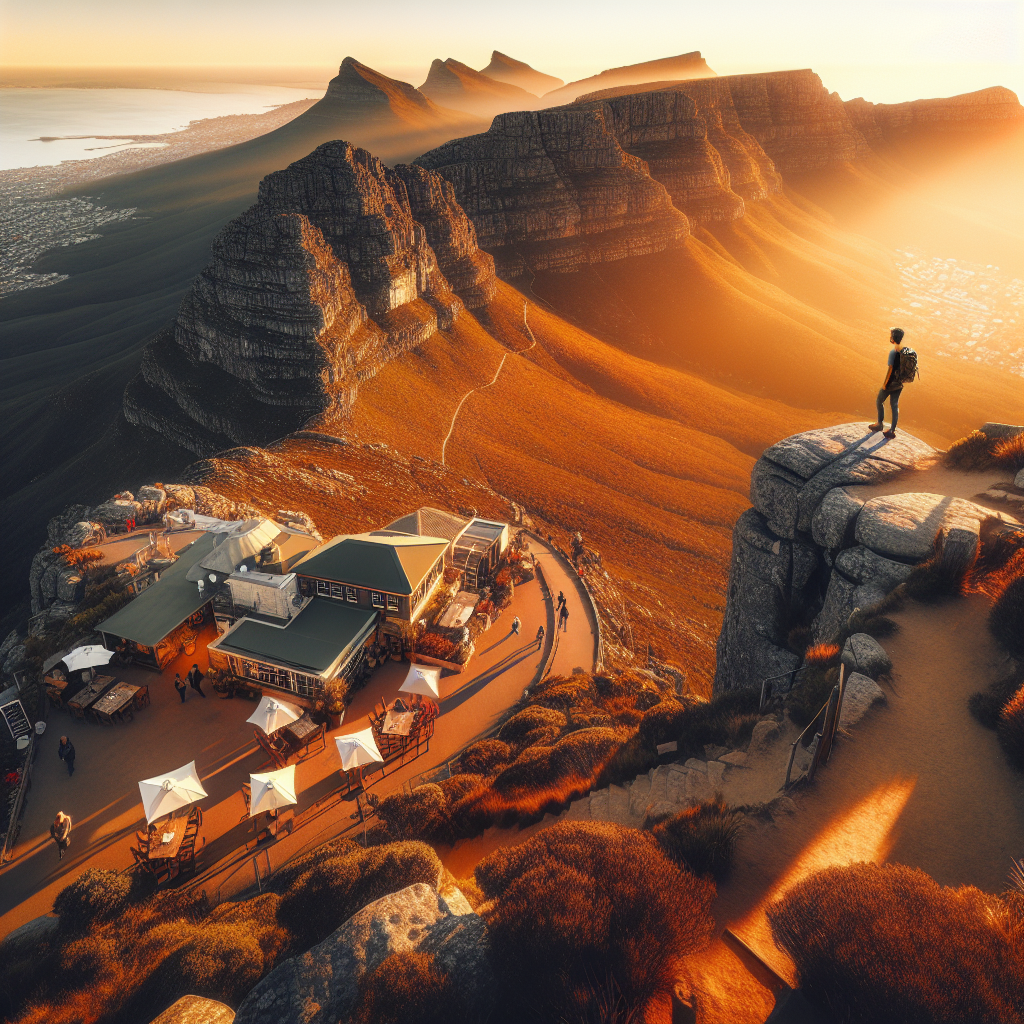 Flyfoto av Table Mountain i gyllent morgenlys med en lokal kafé og en vandrer i forgrunnen, varmt naturlig lys, realistisk