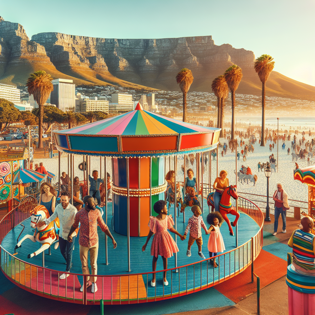 Fargerik familie i en fornøyelsespark i Cape Town ved kysten, karusell og palmer, Table Mountain i bakgrunnen, varm lyssetting, livlig atmosfære