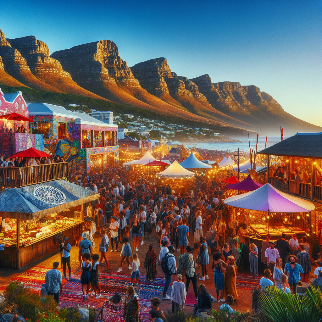 Fargerik scene fra en musikk- og matfestival i Cape Town ved kysten, folkemengde, boder, fjell i bakgrunnen, varme gatelys og bærekraftige detaljer