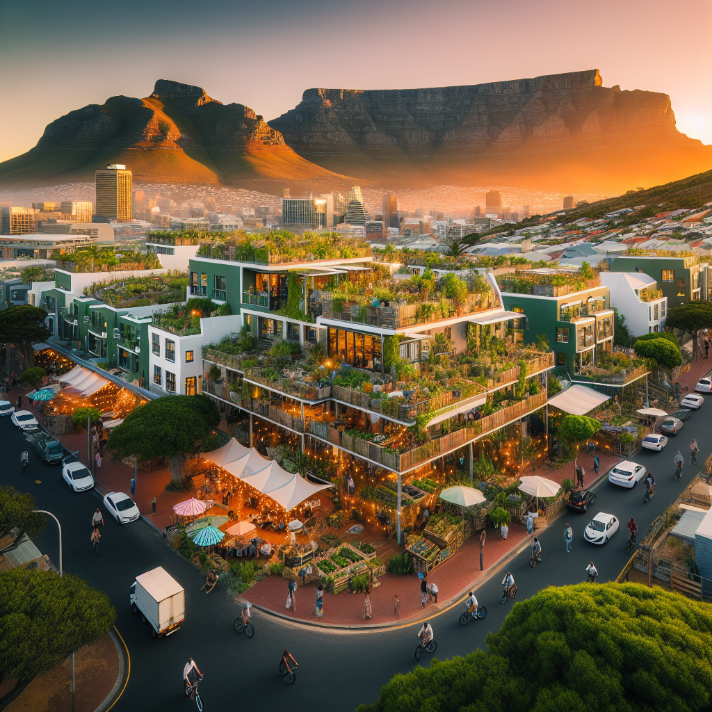 Oversiktsbilde av et urbant, grønt nabolag i Cape Town: små balkonghager, lokale markedboder, mennesker som sykler ved solnedgang med Table Mountain i bakgrunnen, varm lyssetting