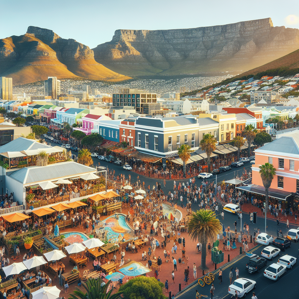 Oversiktsbilde av Cape Town fra en varm ettermiddag: Table Mountain i bakgrunnen, livlig nabolag i forgrunnen med mennesker, kafeer og surfebrett, fargerik og inviterende