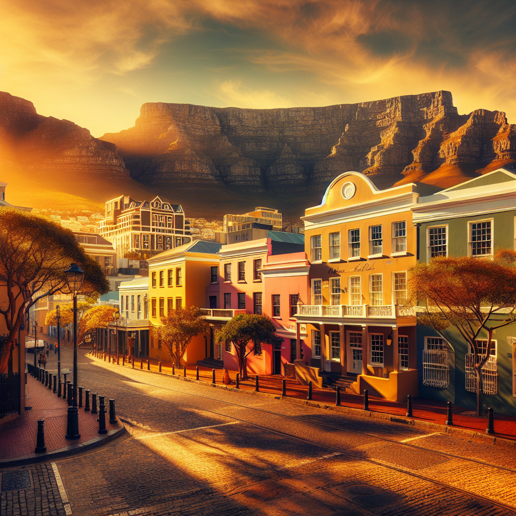 Oversiktsbilde av historiske bygninger i Cape Town ved gyllent sollys, Table Mountain i bakgrunnen, brosteinsgate og fargerike fasader, varm tone