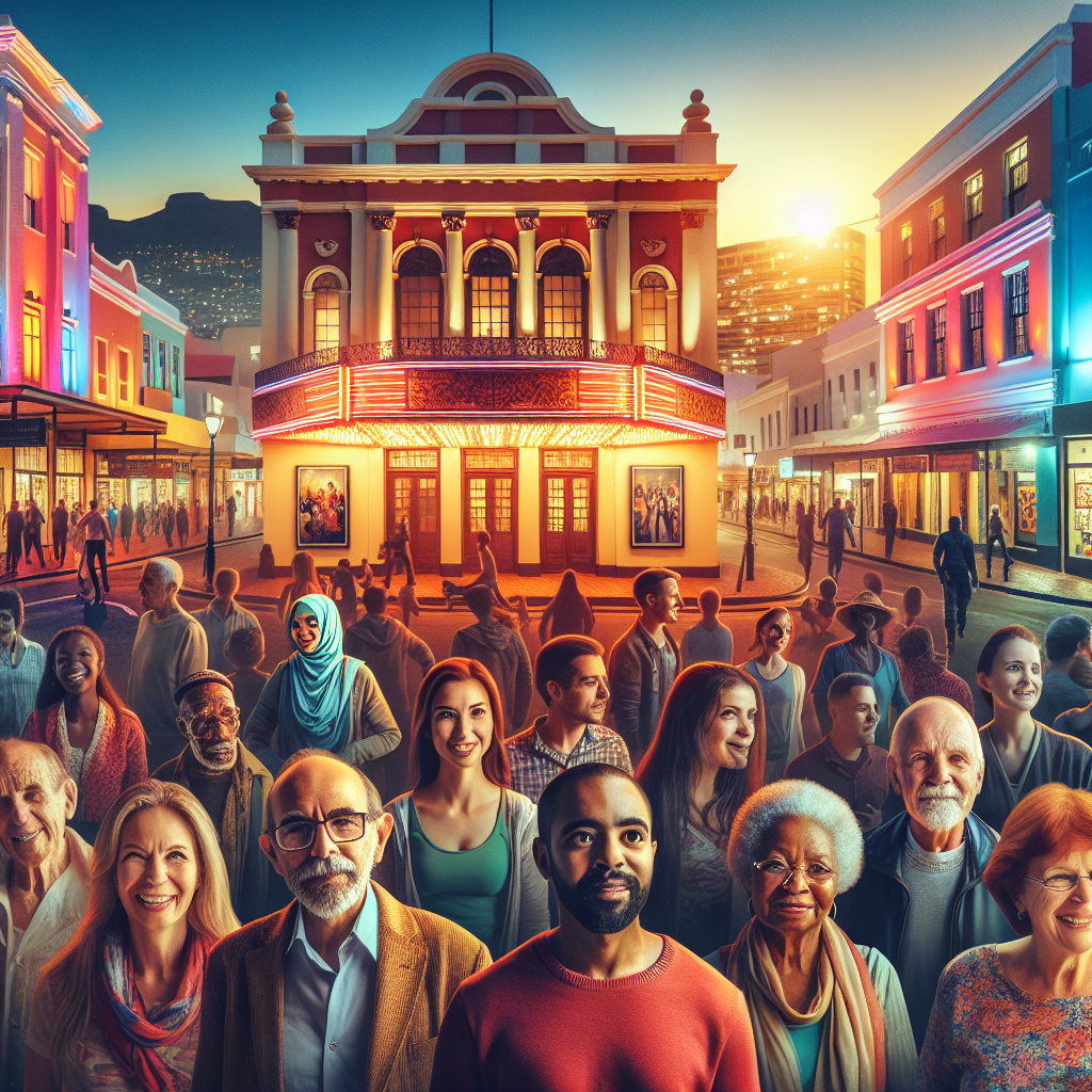 Et livlig teatermekka i Cape Town: et kveldsbilde av et historisk teaterfasade med publikum i silhuett, varme gater, fargerik urban bakgrunn og teaterlys